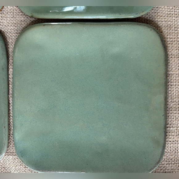 Sage Celadon Green Square Salad Plate Set Signed Art Pottery Cottage Goblin Core - Picture 6 of 9